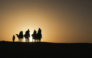 Photographe sur des chameaux dans le désert au coucher de soleil